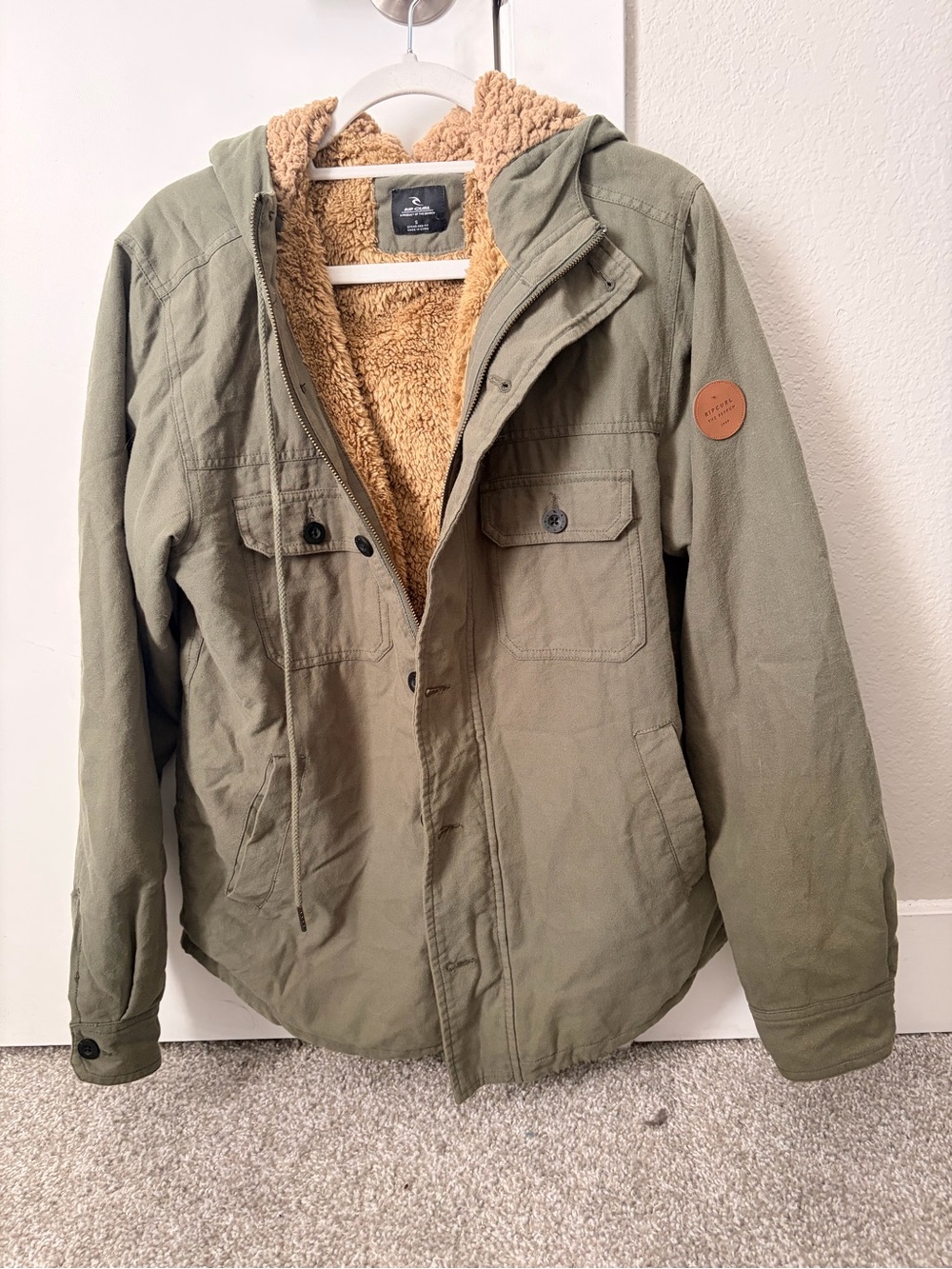 Rip Curl Olive Green Hooded Jacket with Tan Sherpa Lining